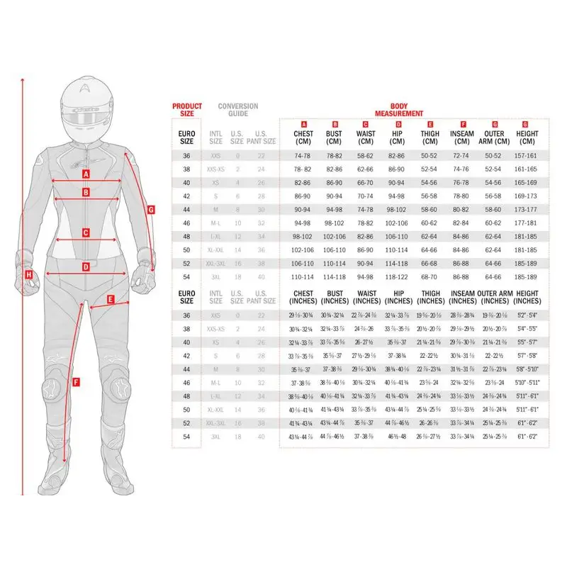 Størrelsesdiagram for Alpinestars Banshee Dame leggings for kvinnelige motorsyklister