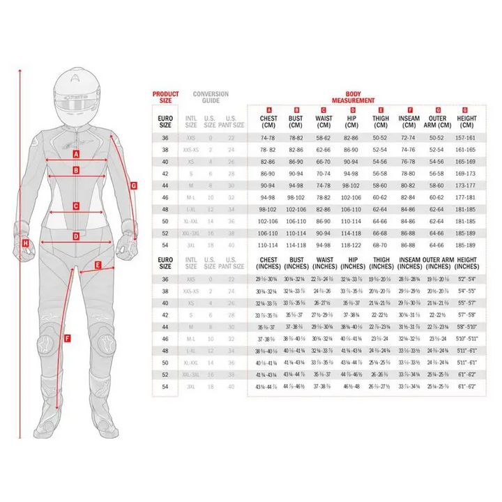 Størrelsesdiagram for Alpinestars Banshee Dame leggings for kvinnelige motorsyklister