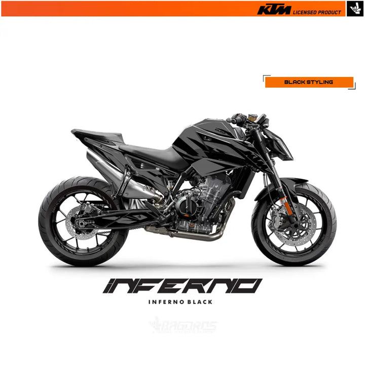 Svart KTM-motorcycle med Bagoros Performance INFERNO Dekal kit DUKE 790/890/890 R