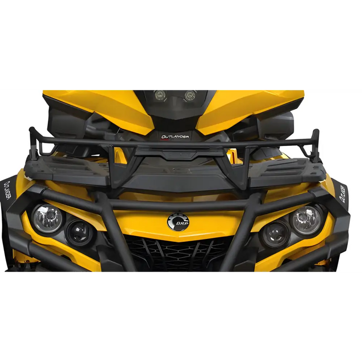 Front grille and headlight assembly of a yellow Can-Am ATV with black bars