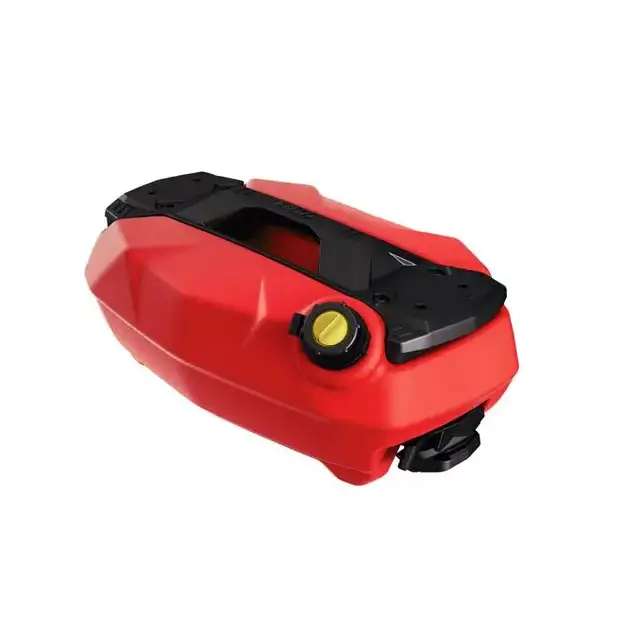 Rød og svart motorsykkel fuel caddy med gul lokk, 4 gallon