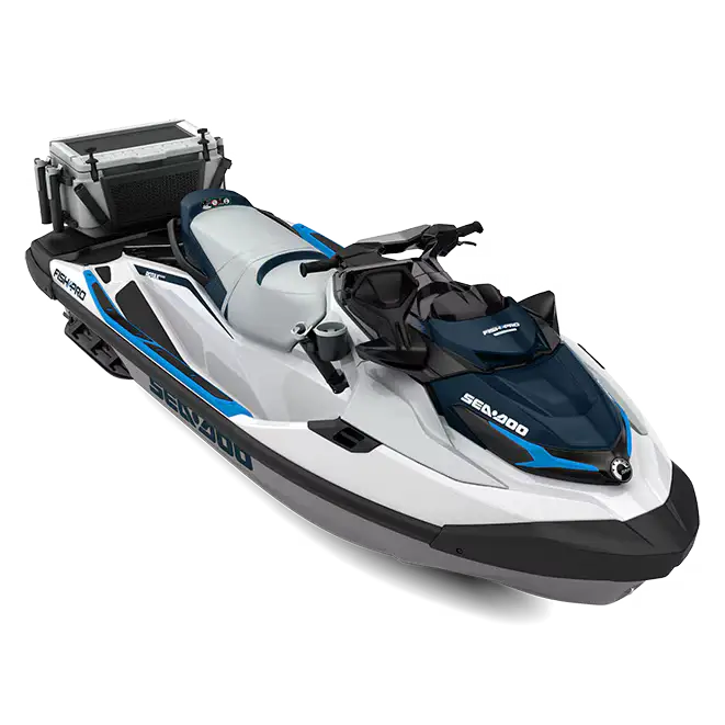 Hvit og blå Sea-Doo Fish Pro Sport 170 jet ski med sorte detaljer