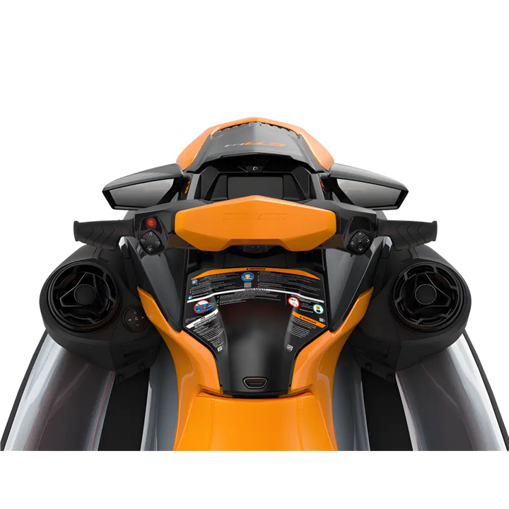 Sleek black and orange jet ski handlebars and control panel of SEA-DOO STEREOANLEGG