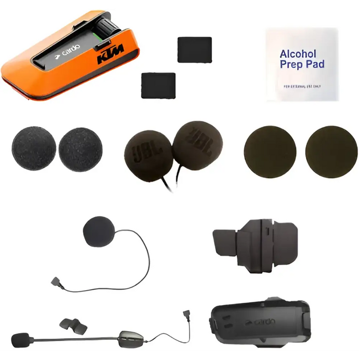 Motorcycle communication system components for Cardo Packtalk Edge, featuring KTM control unit