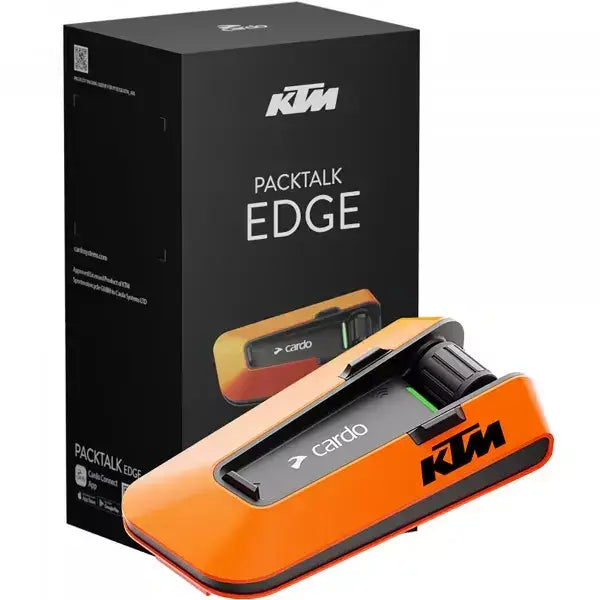 Orange og svart kommunikasjonsenhet med KTM-merke og Packtalk Edge-boks