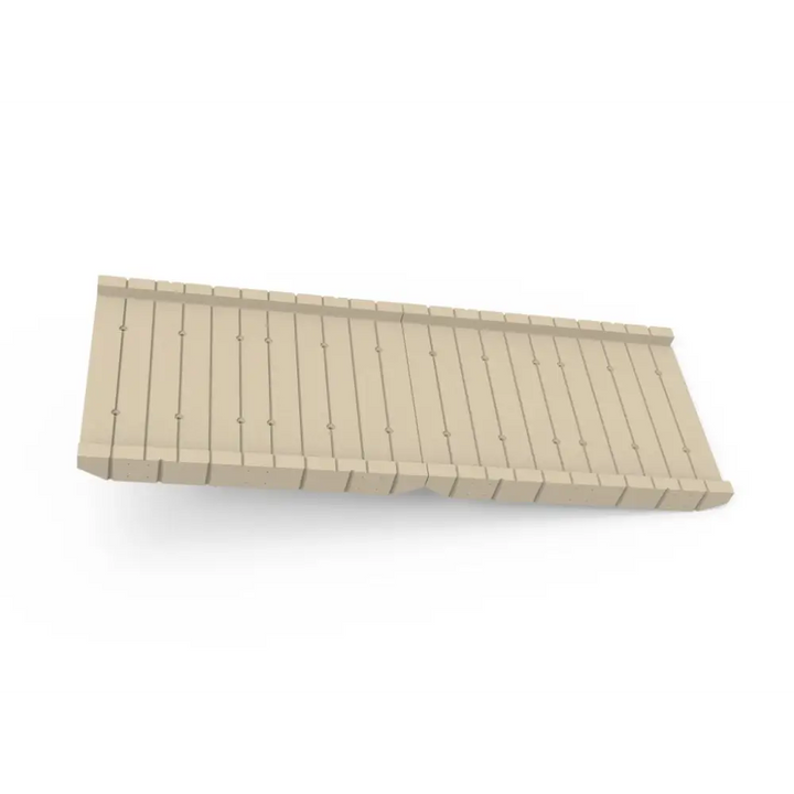 Landgang 3m beige trebenk med buet rygg og armlener for utendørs bruk