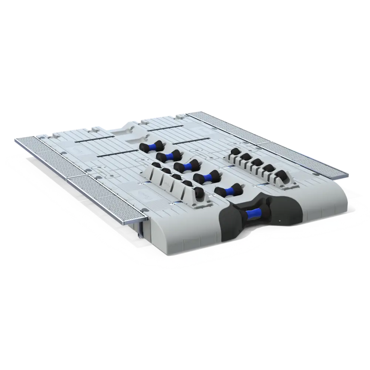 Audio mixing console with blue and black faders on EZ Dock Optimus Båtlift