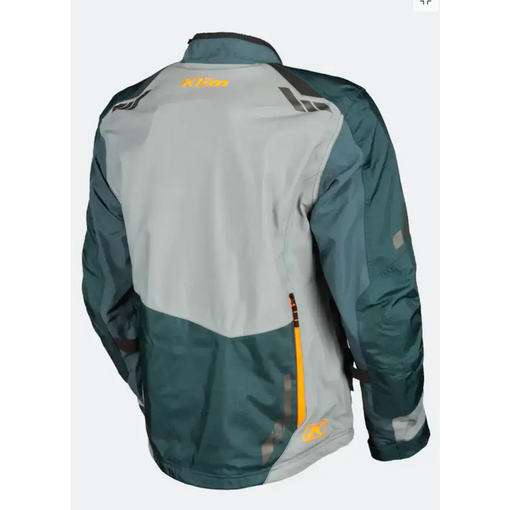 Motorcycle jacket featuring green and gray blocks with yellow accents from Klim Carlsbad Eventyrpakke