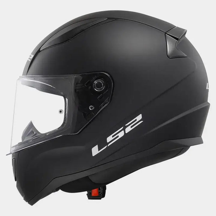 Matte black full-face motorcycle helmet with LS2 branding in Komplett Lindstrands motorsykkelsett