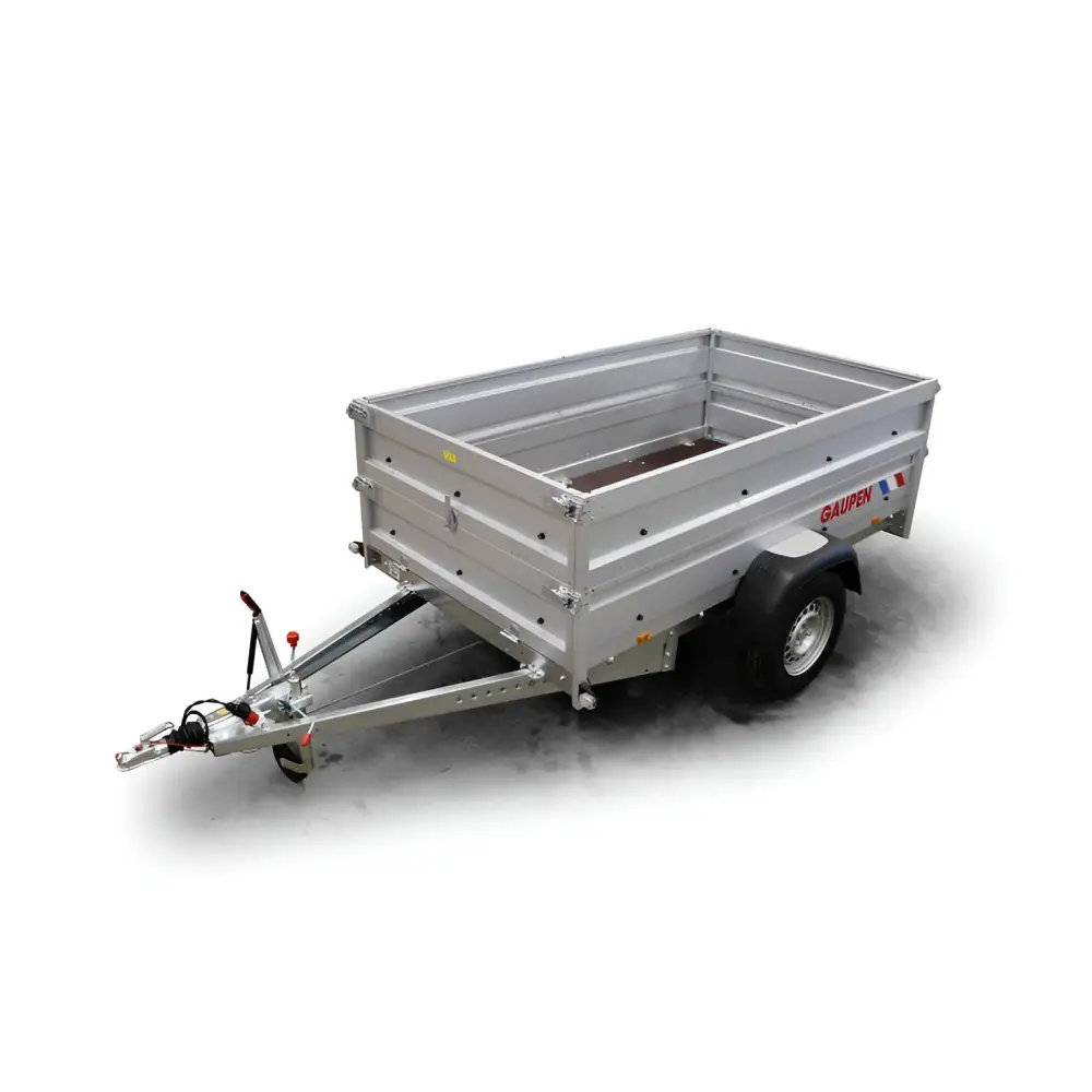 Single-axle utility trailer with metal sides and tow hitch for Gaupen henger bildeler