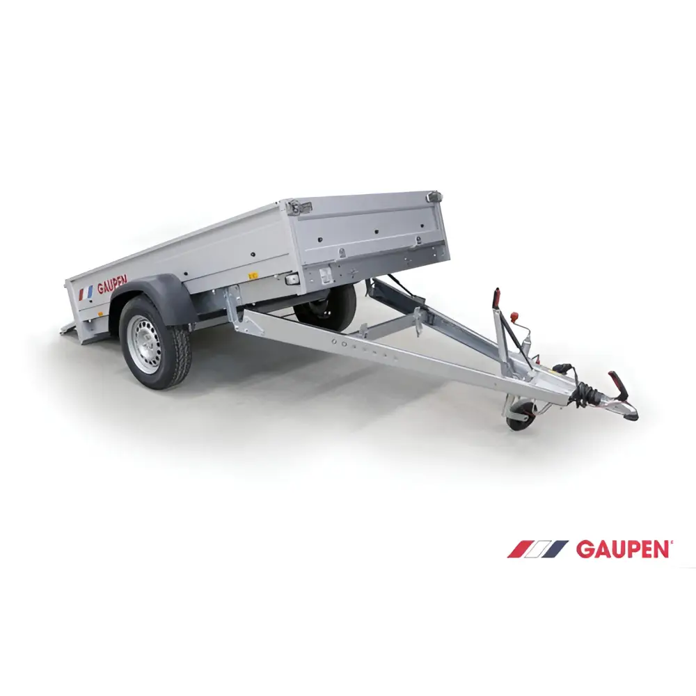 Single-axle bremsbar varehenger med tippfunksjon og flatbed med sidepaneler