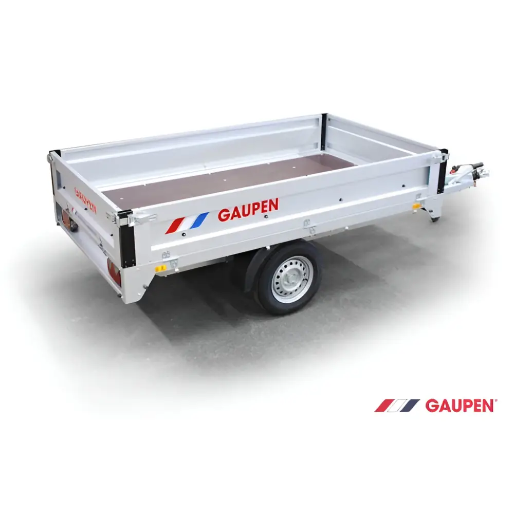 Single-axle utility trailer with low sides and Gaupen logo, Gaupen D1025N robust yrkeshenger