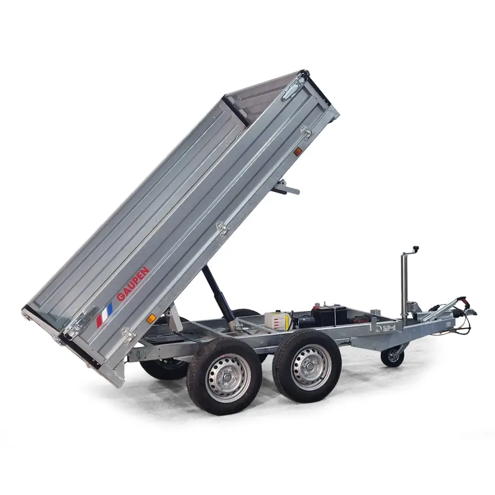 Grå metall dump trailer med hydraulisk løft, Gaupen T3532 hydraulisk tipphenger 2700kg