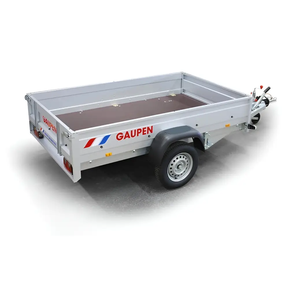 Utility trailer with silver metal frame and GAUPEN branding, ideal for GAUPEN Varehenger