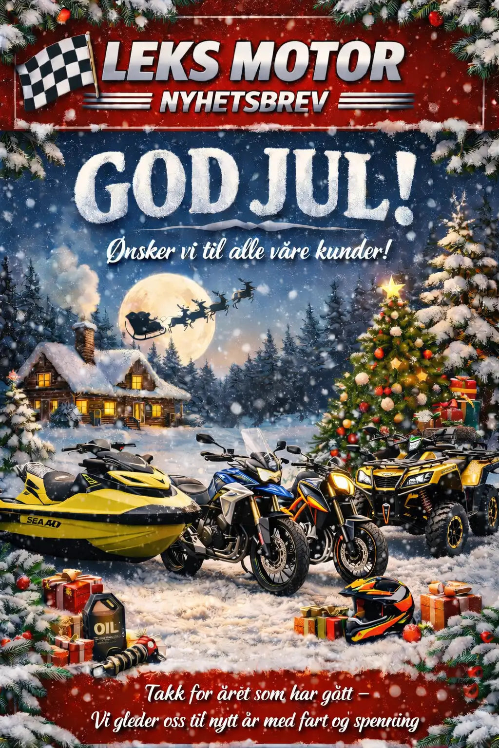 Gul Sea-Doo personlig vannscooter parkert i en snødekt julestemning med motorsykler og ATV-er i nærheten.