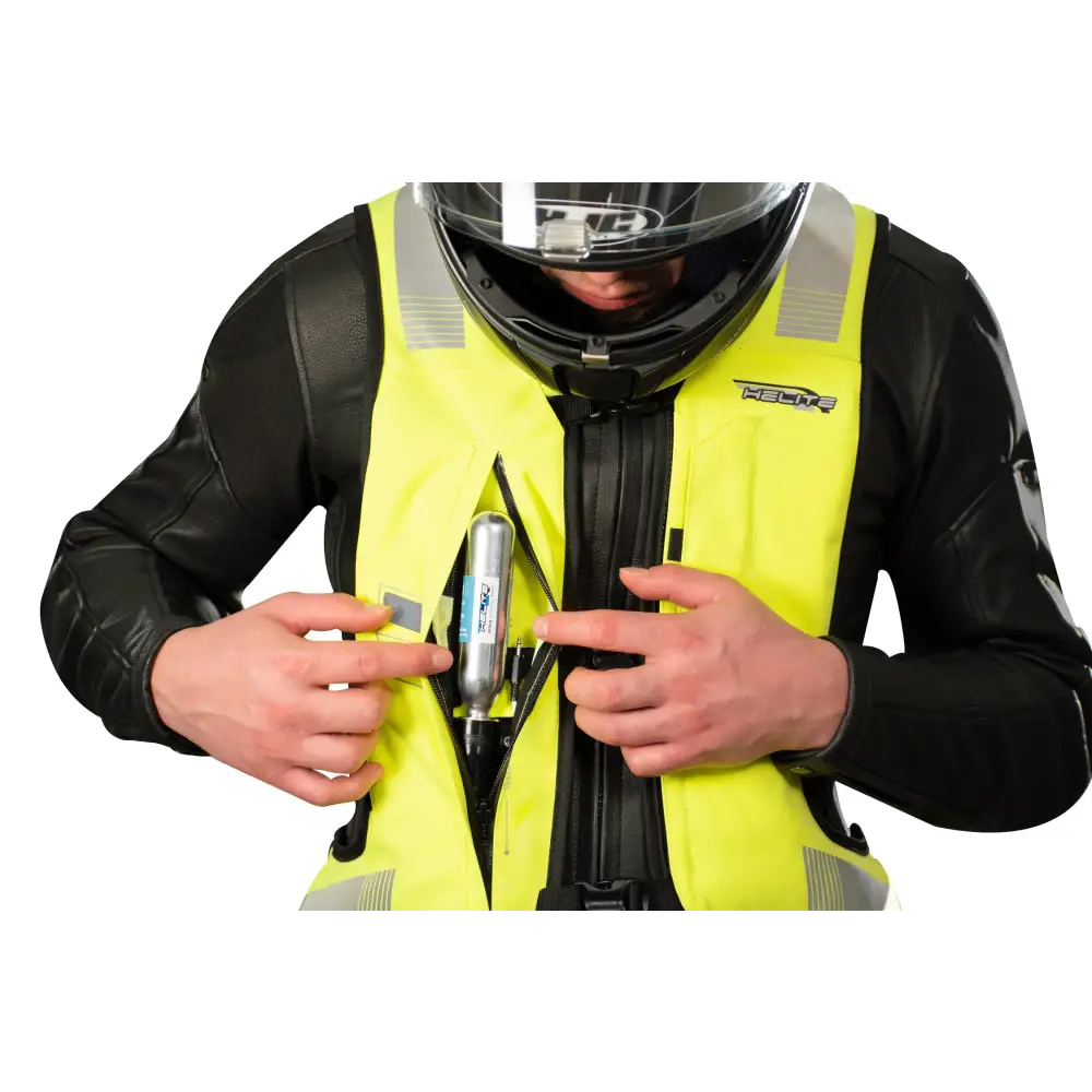 Motorcycle safety vest with airbag system activated, available at Leks Motor Oslo