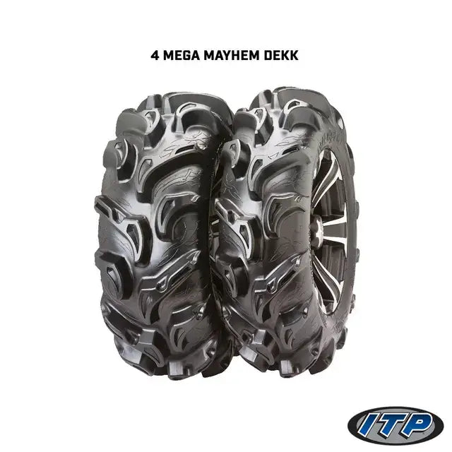 Svarte offroad-dekk med aggressivt mønster på Can-Am 4x4-hjul, 28’’/14
