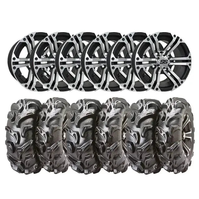 Hjulpakke med 8 svarte og sølvmessige 14’’ felger og aggressive offroad-dekk for Can-Am 6x6