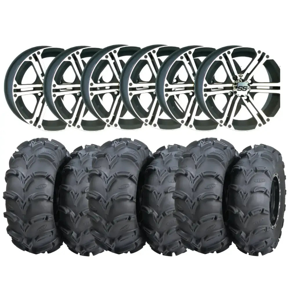 Svarte og sølvre fem-spekes felger med grovmønstrede dekk for Can-Am 6x6