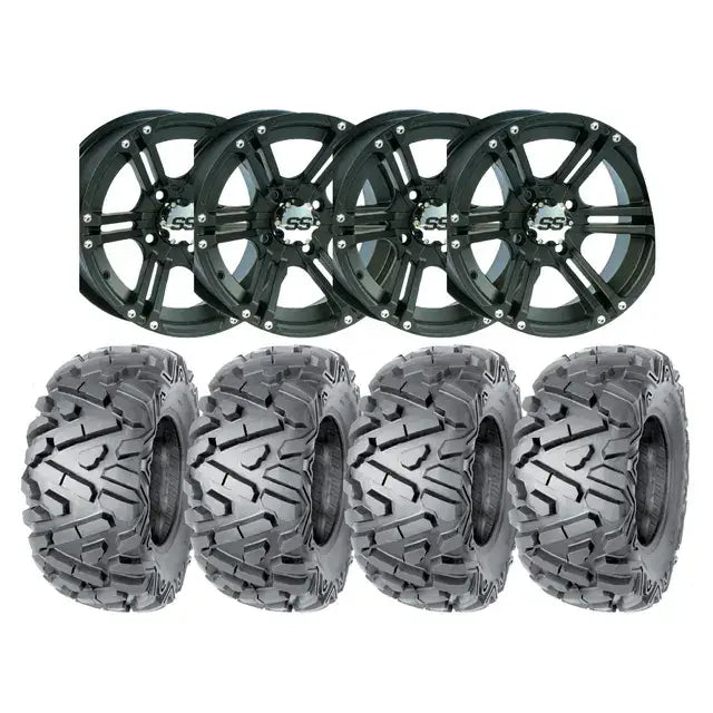 Hjulpakke 50 med fire svarte Can-Am 4x4 off-road hjul og aggressive dekk, 25 tommer/12 tommer