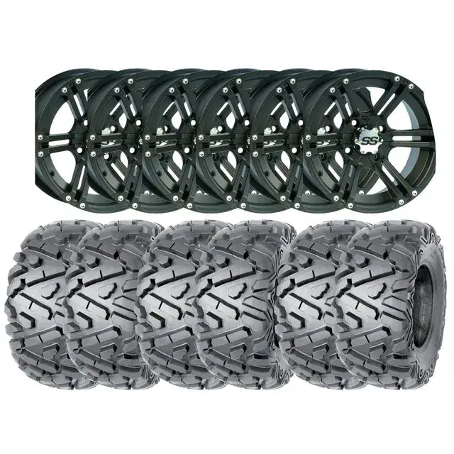 Svarte matte felger med sølv muttere og logo, robuste terrengdekk for Can-Am 6x6 Hjulpakke 50