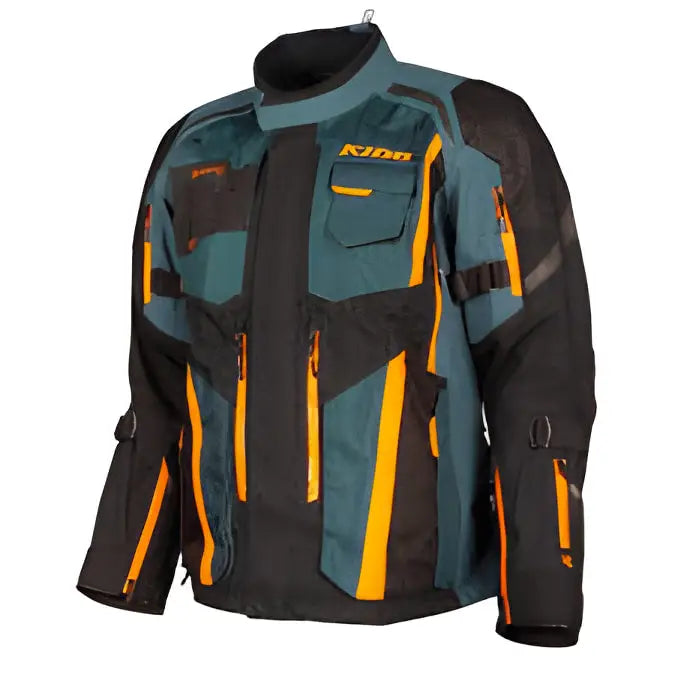 Motorcycle riding jacket with black, teal, and orange panels and padding Klim Badlands Pro