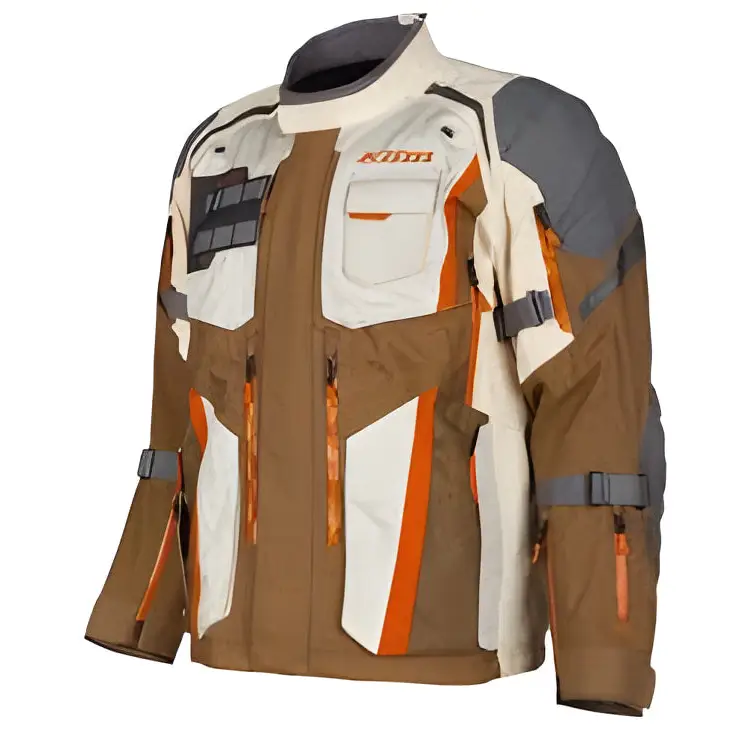 Rugged Klim Badlands Pro motorcycle jacket in brown, white, and orange with padding