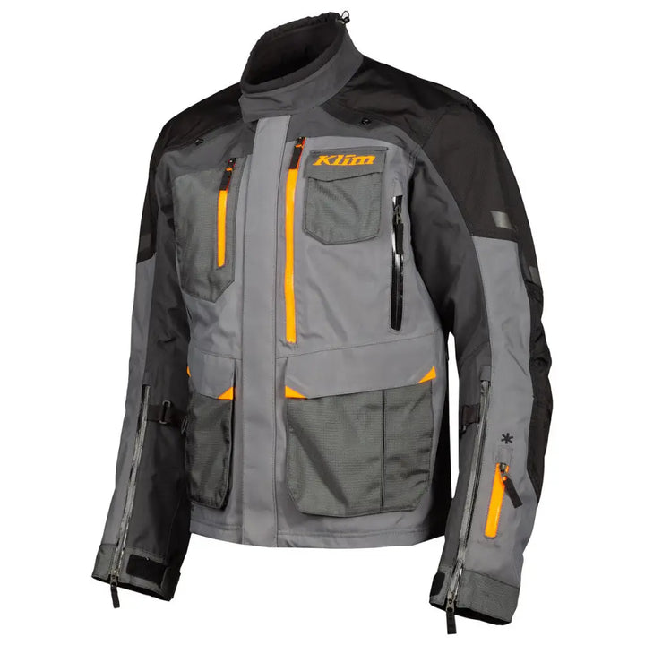 Motorcycle jacket with gray, black, and yellow accents, featuring Klim Carlsbad design