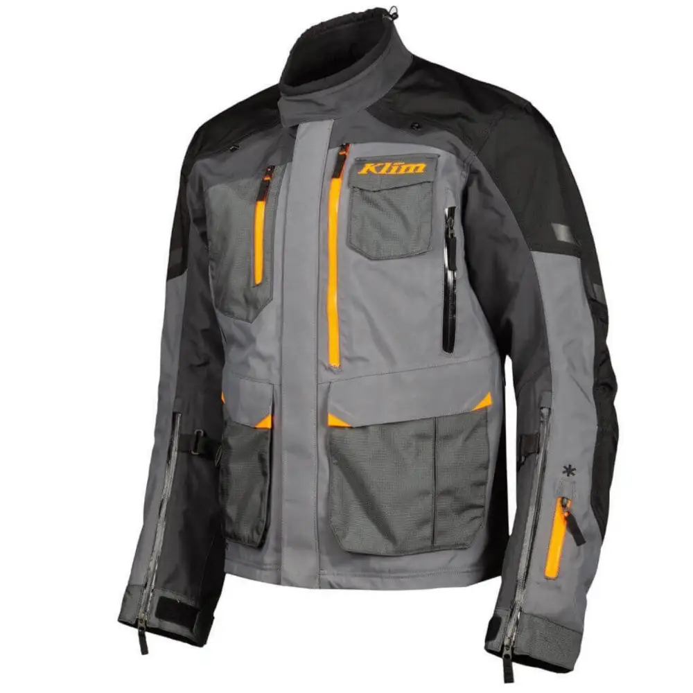 Motorcycle jacket with gray and black panels, orange accents, Klim Carlsbad MC-jakke