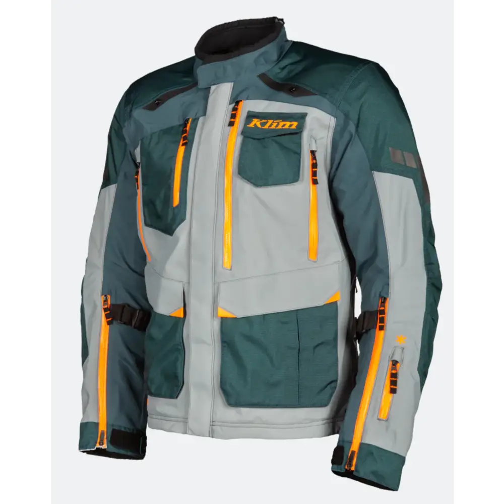 Motorcycle jacket in green, gray, and orange featuring justerbar krage and optimal ventilasjon