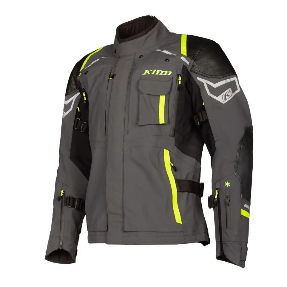 Motorcycle jacket in gray and black with neon yellow accents, Legendariske Kodiak-jakken