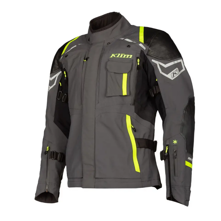 Motorcycle jacket in gray and black with neon yellow accents, Legendariske Kodiak-jakken