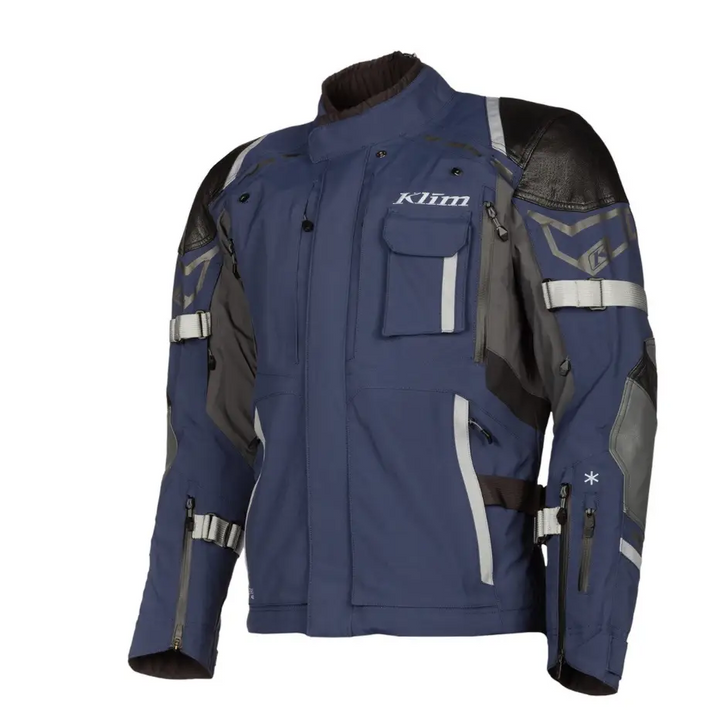 Motorcycle jacket in navy blue and gray with reflective accents and avtakbar stormkrage