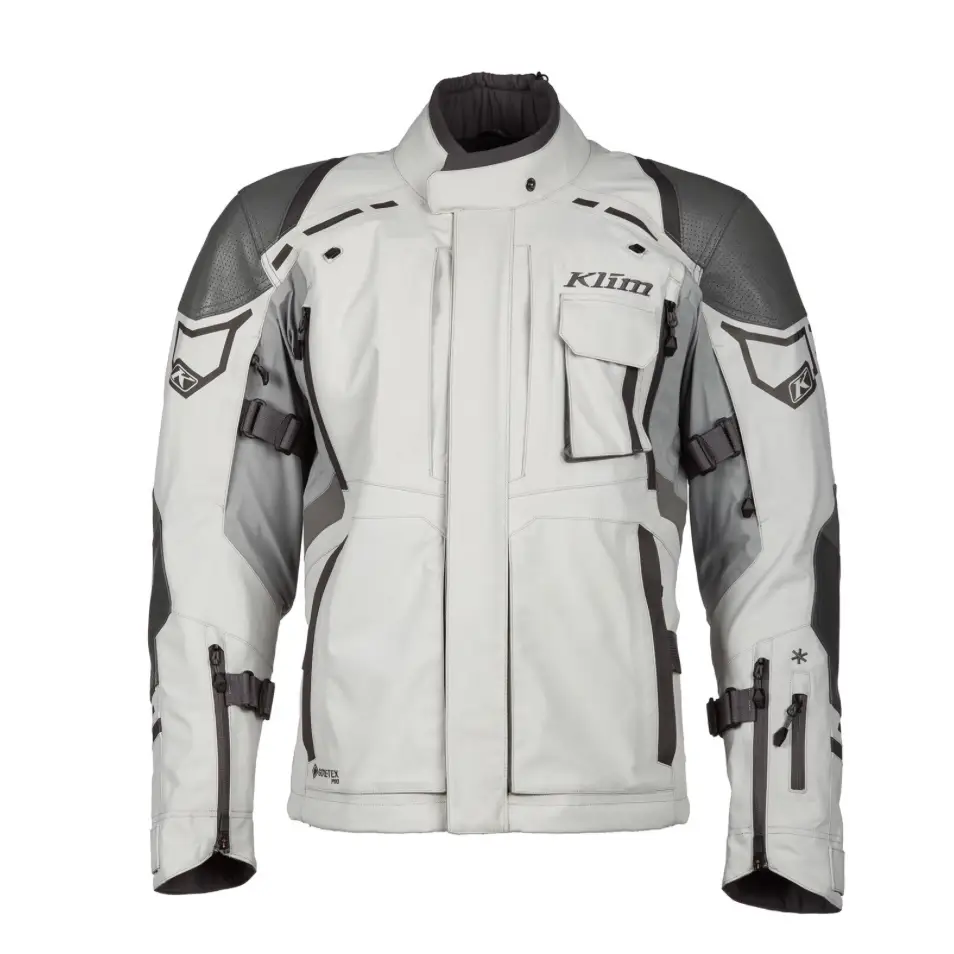 Motorcycle jacket in light and dark gray, featuring avtakbar stormkrage and protective padding