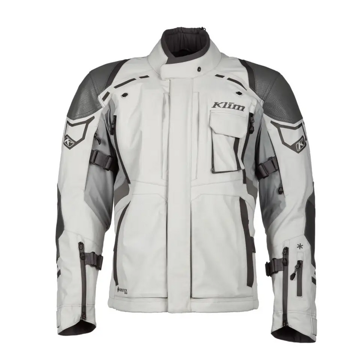 Motorcycle jacket in light and dark gray, featuring avtakbar stormkrage and protective padding