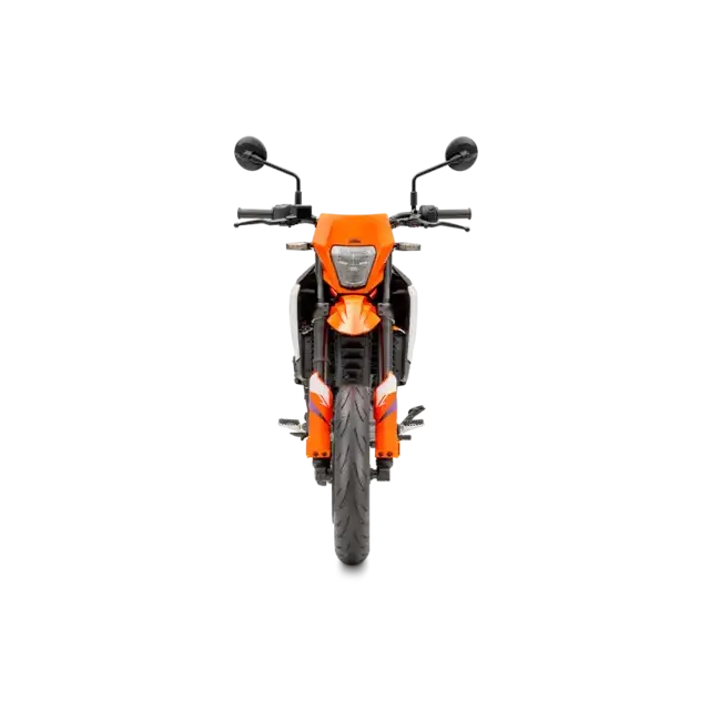 KTM 125 SMC R 2025 orange motorcycle med svarte aksenter og sølvhåndtak