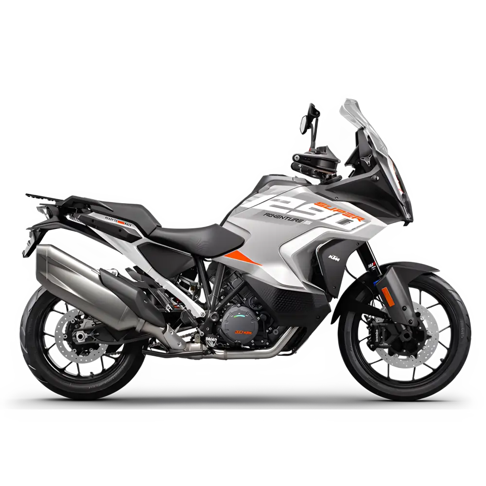 KTM 1290 Super Adventure S med sølv- og oransje farge, utforsk verdens eventyret