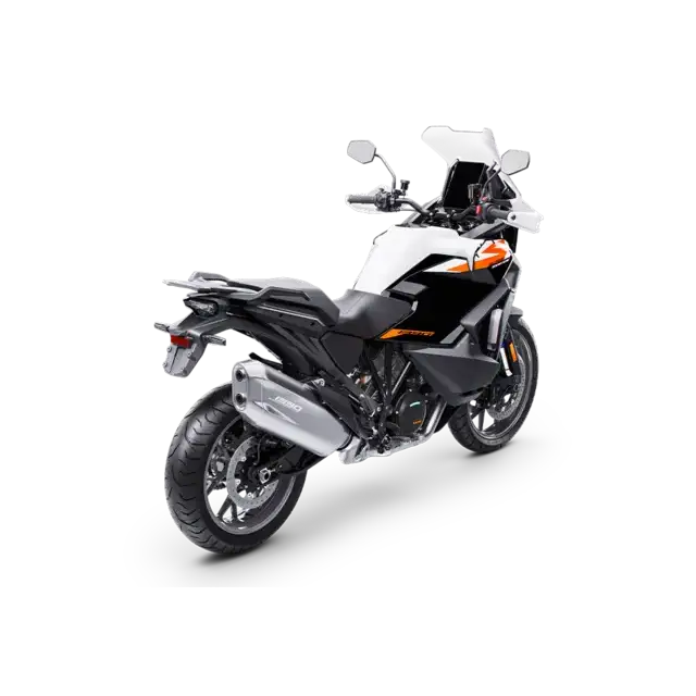 KTM 1390 Super Adventure S 2026 i svart-hvitt med oransje aksenter