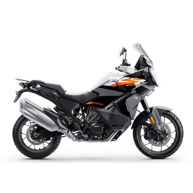 Svart og oransje KTM 1290 Super Adventure motorsykkel med slankt, robust design