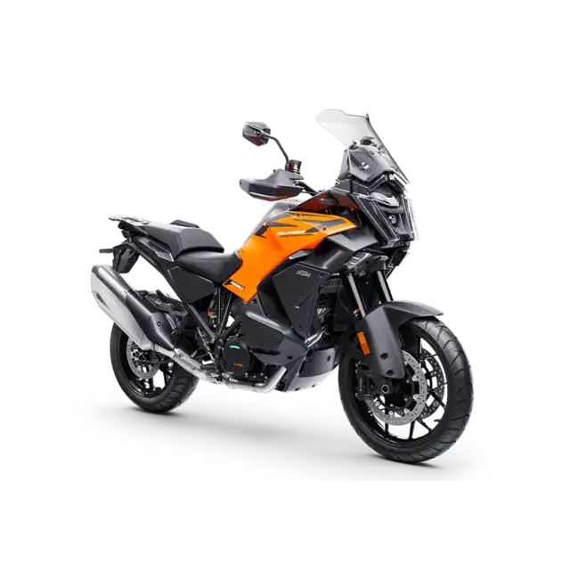 KTM 1390 Super Adventure S 2026 med orange-sort design og beskyttelsesutstyr for motorsykkel