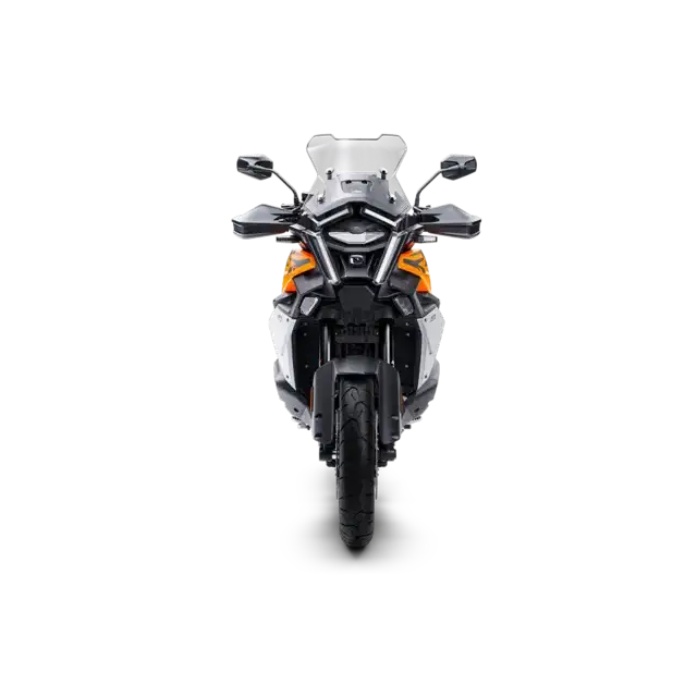 Svart og oransje KTM 1390 Super Adventure S EVO 2026 med Dunlop Meridian-dekk