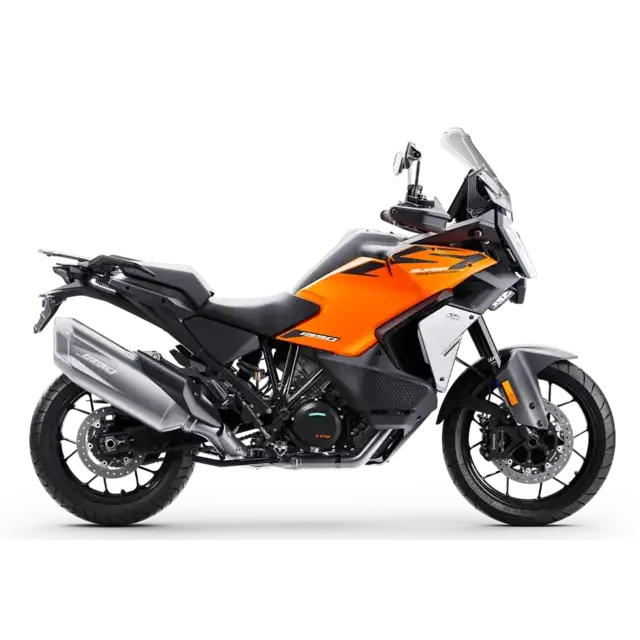 KTM 1390 Super Adventure S EVO 2026 i oransje og svart med sølv eksos