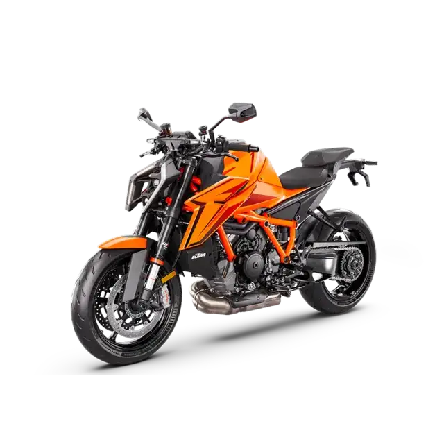 Orange og svart KTM 1390 Super Duke R 2025 motorsykkel med sporty design