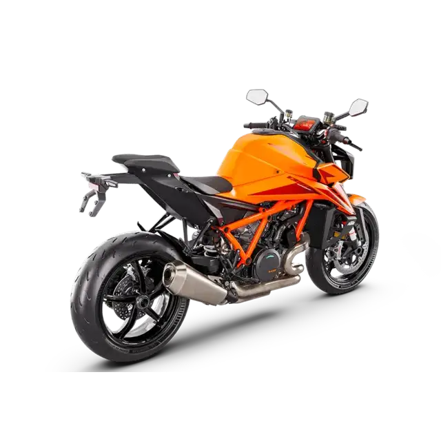 Oransje KTM 790 Duke 2019 motorsykkel med svarte aksenter og eksos