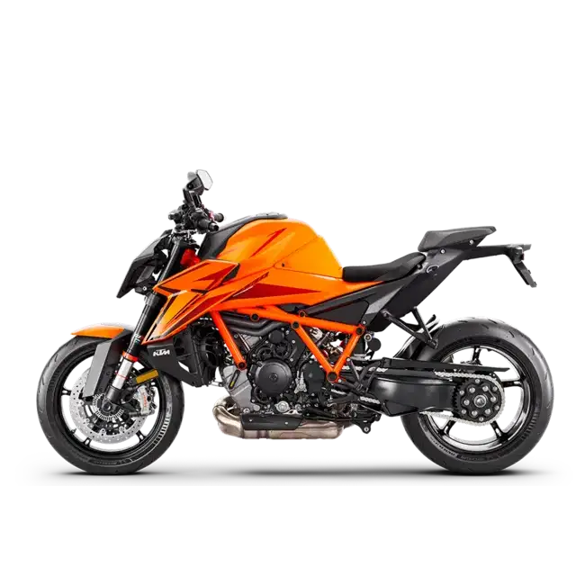 Orange and black KTM 1390 Super Duke R 2025 motorcycle with sporty design