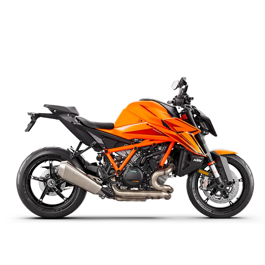 Oransje KTM 1290 Super Duke R med svarte detaljer og sølv eksos, KTM 1390 SUPER DUKE R EVO 2025