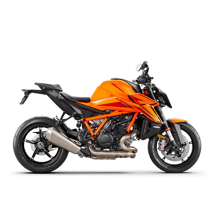 Oransje KTM 1290 Super Duke R med svarte detaljer og sølv eksos, KTM 1390 SUPER DUKE R EVO 2025