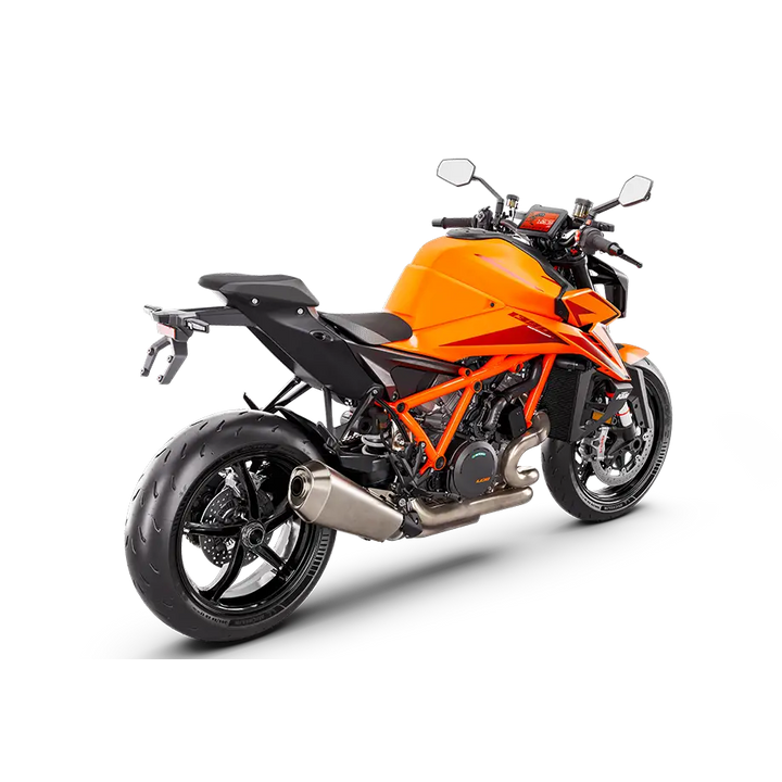 Lysende oransje KTM 1290 Super Duke R motorsykkel med svarte aksenter og sporty stil