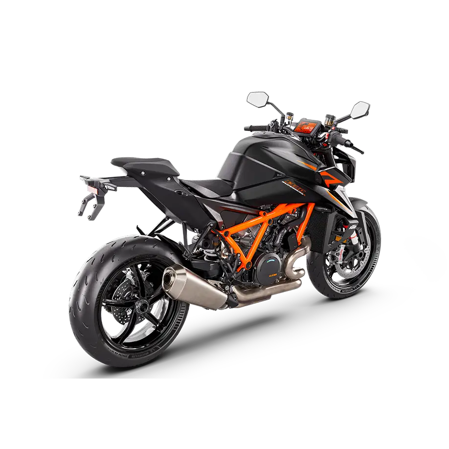 KTM 1390 SUPER DUKE R EVO 2025 i svart og oransje med sporty design