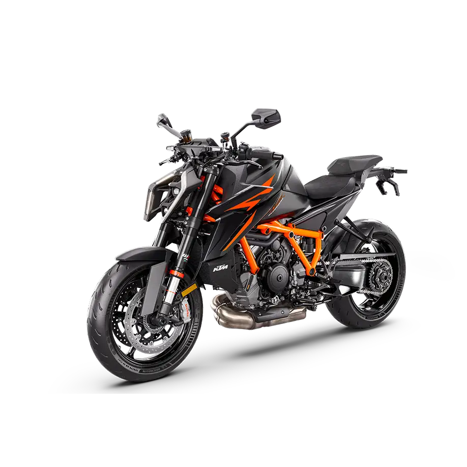 KTM 1290 Super Duke R i svart og oransje, presentert som KTM 1390 SUPER DUKE R EVO 2025